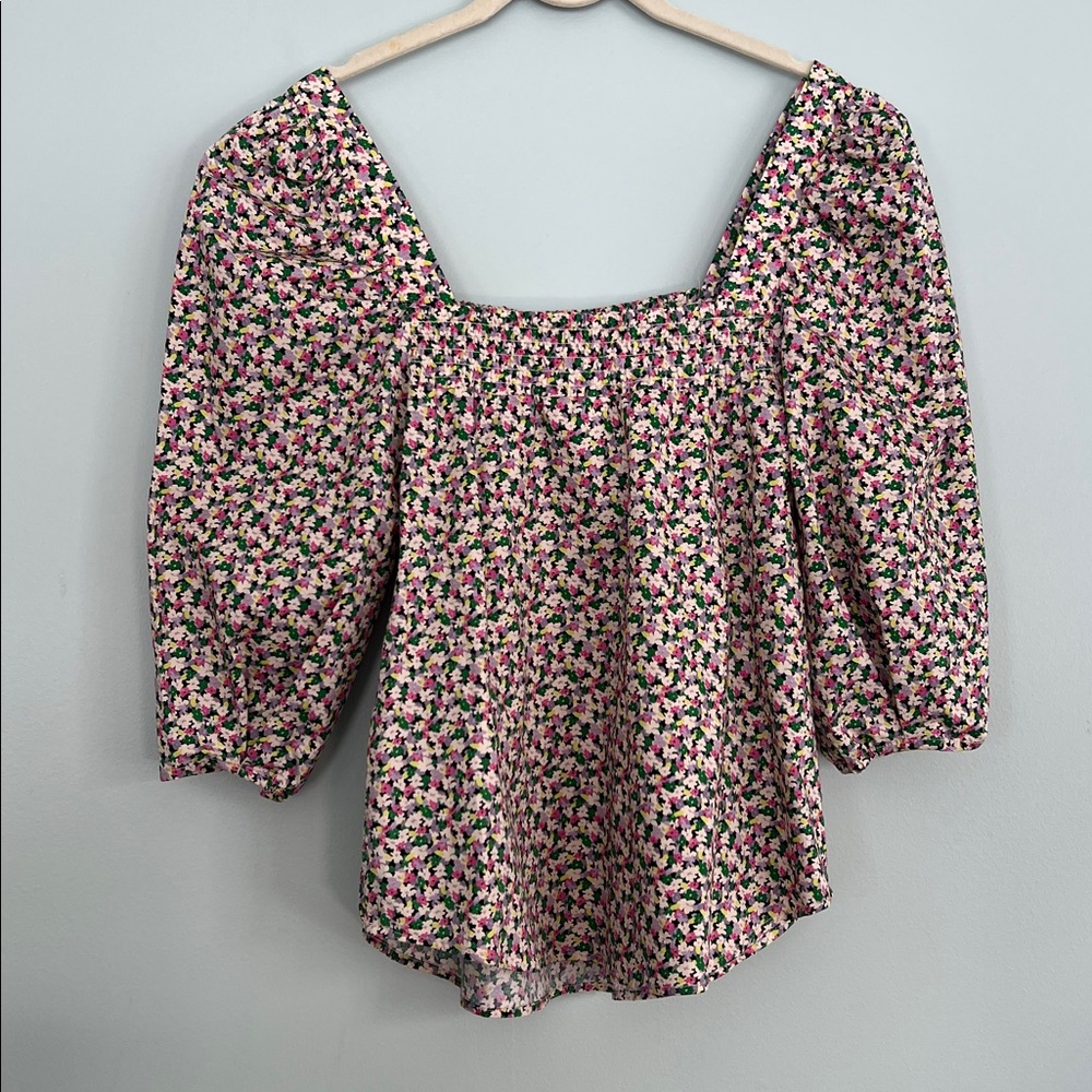 New H&M Smocked Multicolor Floral Square Neckline 3/4 Puff Sleeve Blouse XS - Picture 2 of 6